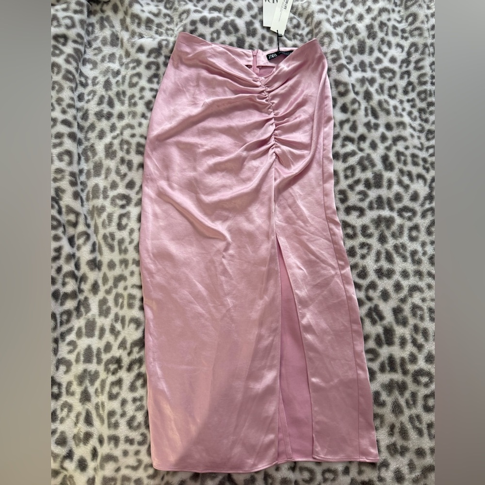 Zara Pink Ruched Side-Slit Midi Skirt